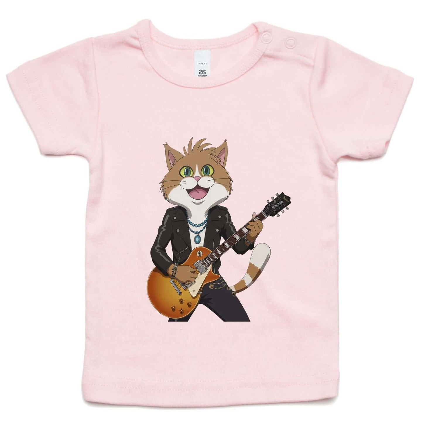 Infant T-shirt with a rock and roll cat playing guitar design, perfect for music and cat lovers.