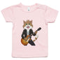 Infant T-shirt with a rock and roll cat playing guitar design, perfect for music and cat lovers.