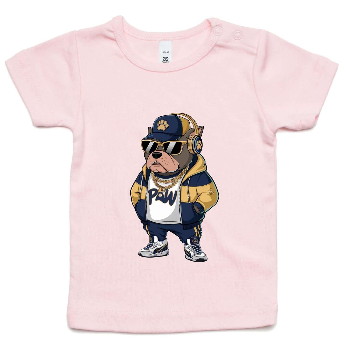 AS Colour infant tee featuring a gangster Pit Bull Dog in a hoodie, headphones, sunglasses, and gold chains.