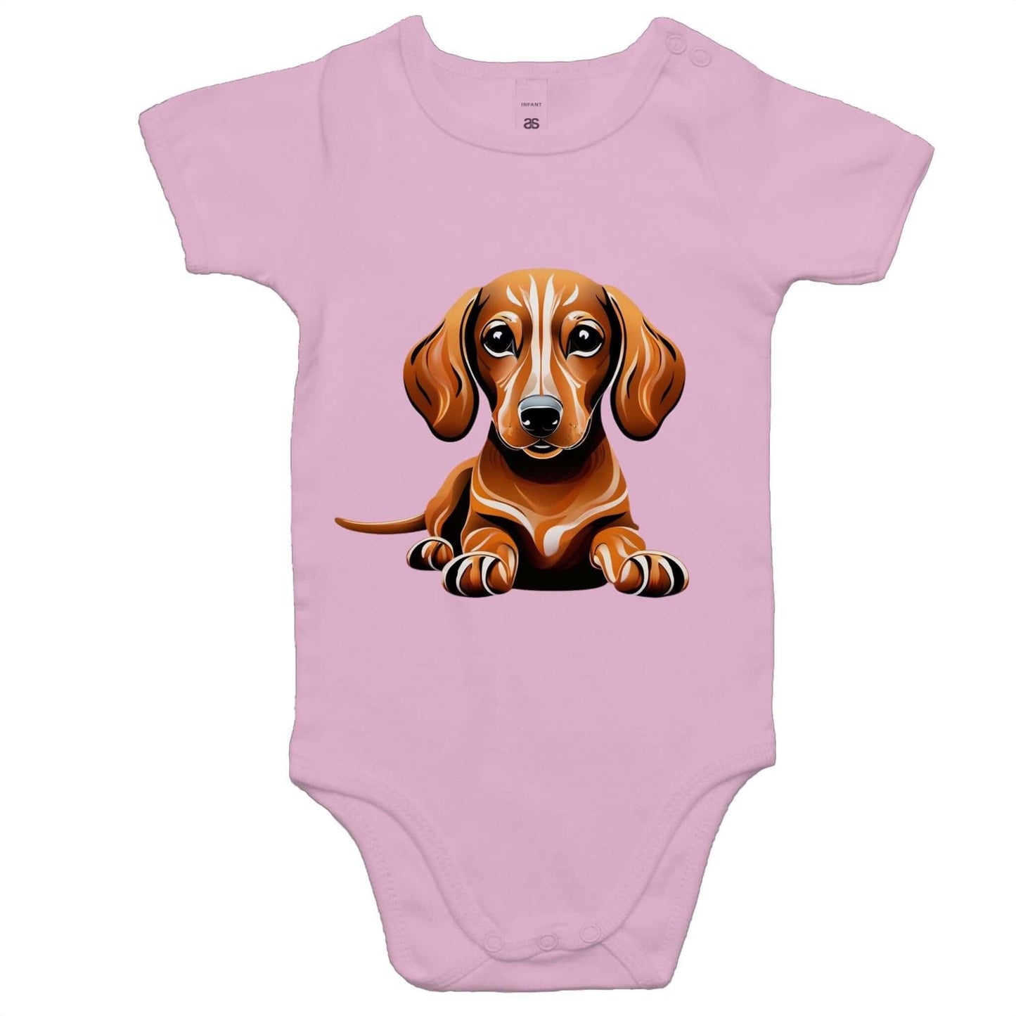 Tan Dachshund puppy - Sausage dog graphic on pink baby onesie, perfect for dog lovers and infants.