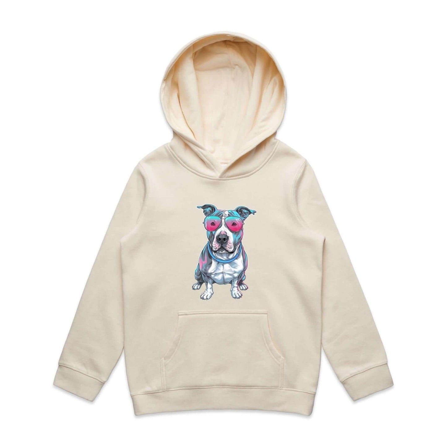 AS Colour kid's hoodie featuring a retro synth wave Pit Bull design with pink sunglasses, ideal for dog lovers.