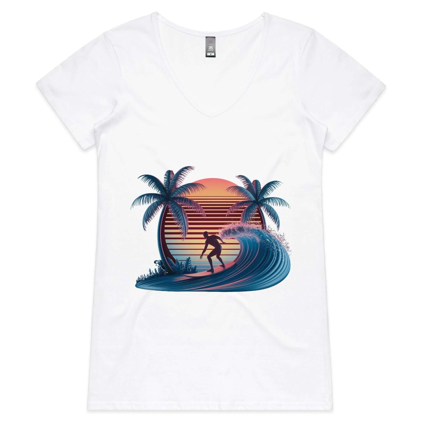  Woman's V-Neck top featuring sunset surfer riding a wave with palm trees, synth-wave design for beach and surf wear.