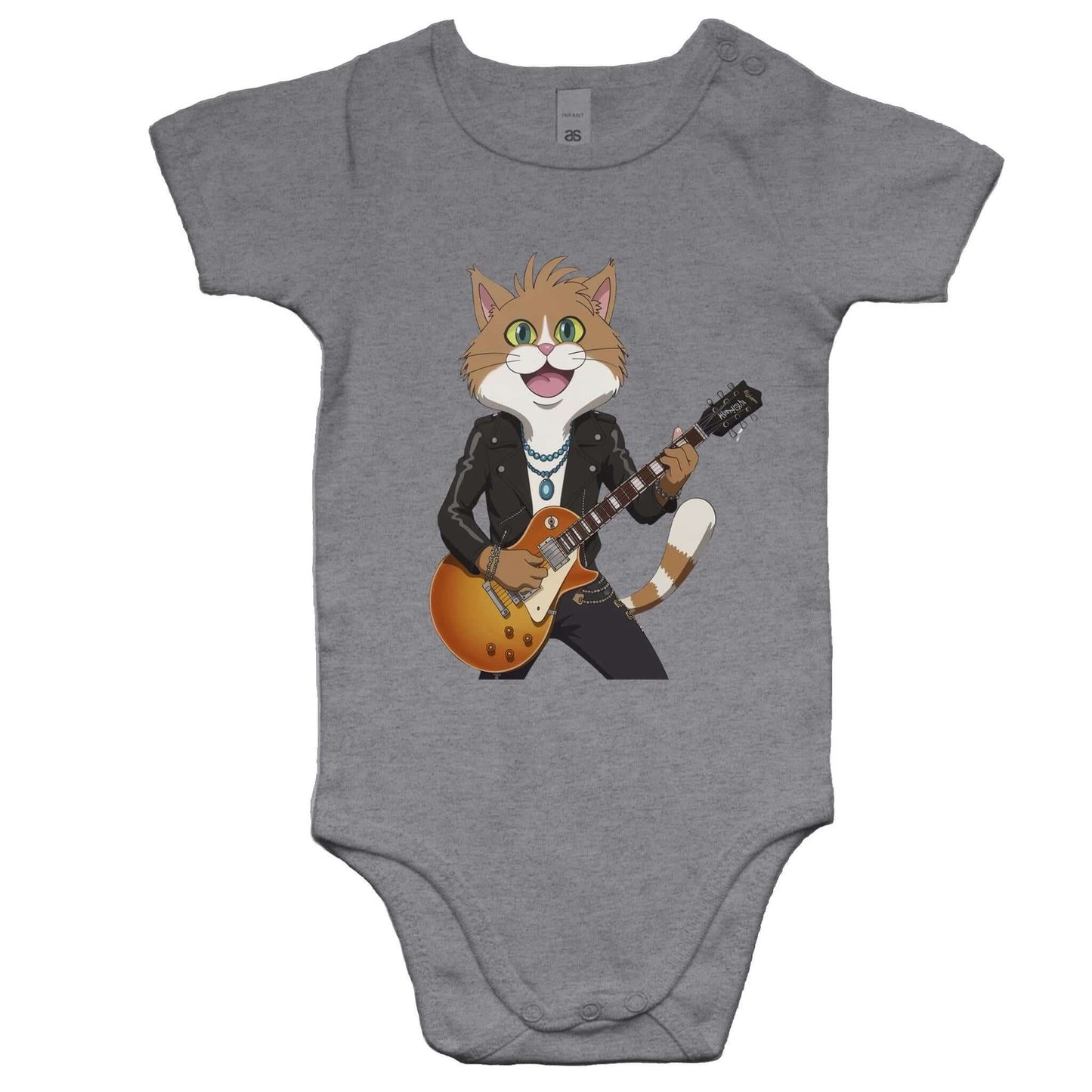 Infants AS Colour baby onesie with Rock and Roll Cat Playing Guitar design for toddlers, perfect for music and cat lovers.