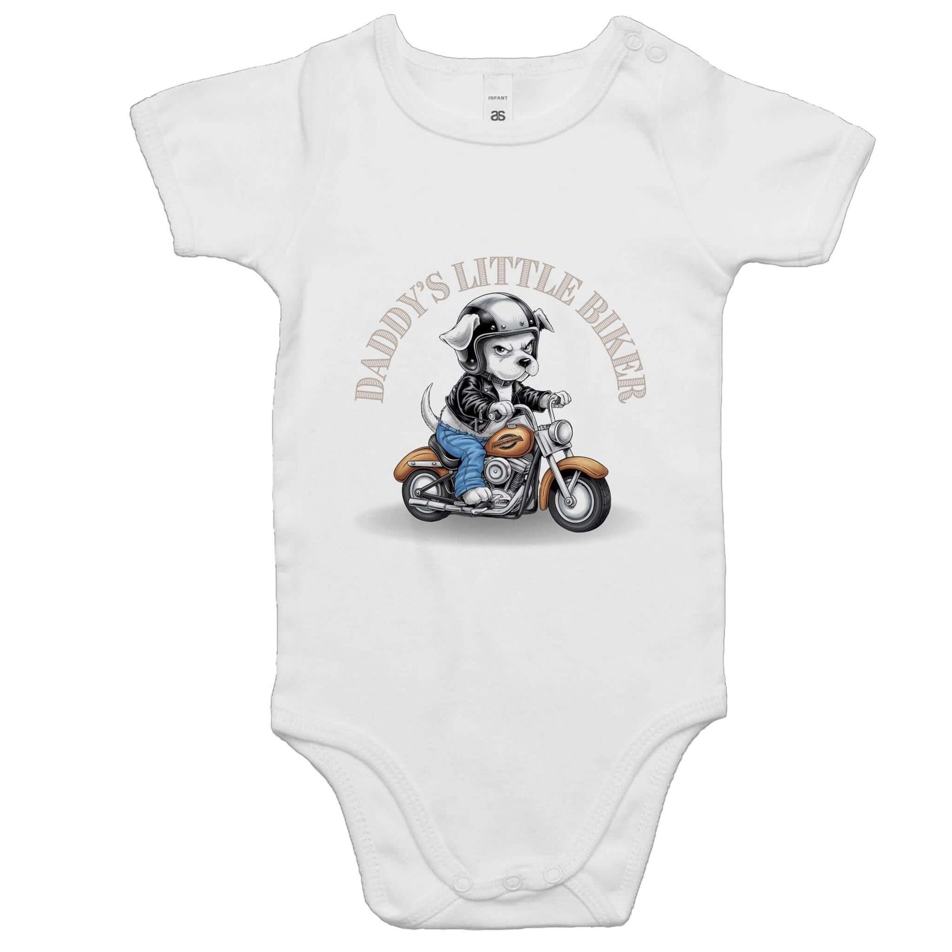 Cute baby onesie featuring a puppy in a leather jacket on a motorcycle with text 'Daddy's Little Biker', perfect for bike lovers.