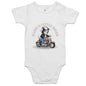 Cute baby onesie featuring a puppy in a leather jacket on a motorcycle with text 'Daddy's Little Biker', perfect for bike lovers.