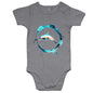 AS Colour grey baby onesie featuring a dolphin jumping through a colorful water ring, perfect for animal lovers.