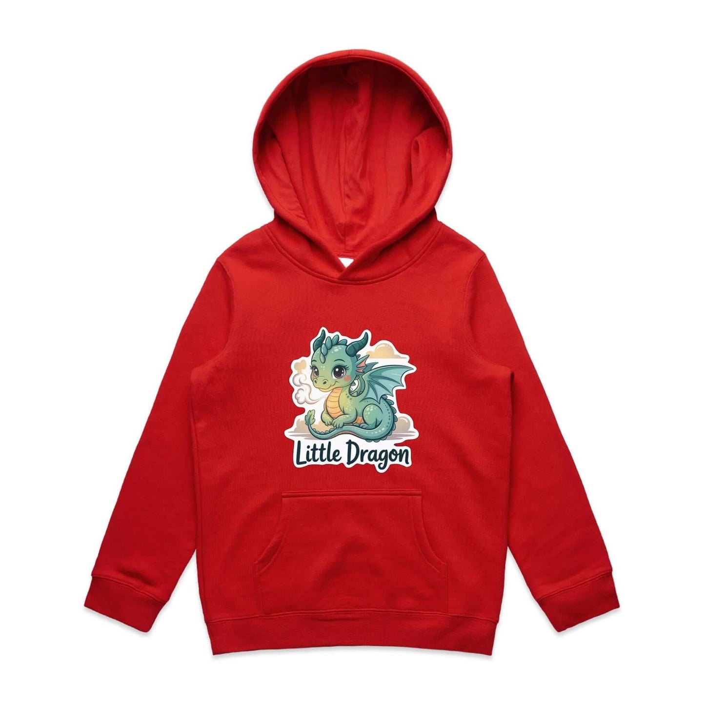 Kids red hooded jumper featuring adorable Little Dragon cartoon, perfect for young dragon fans.