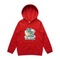 Kids red hooded jumper featuring adorable Little Dragon cartoon, perfect for young dragon fans.