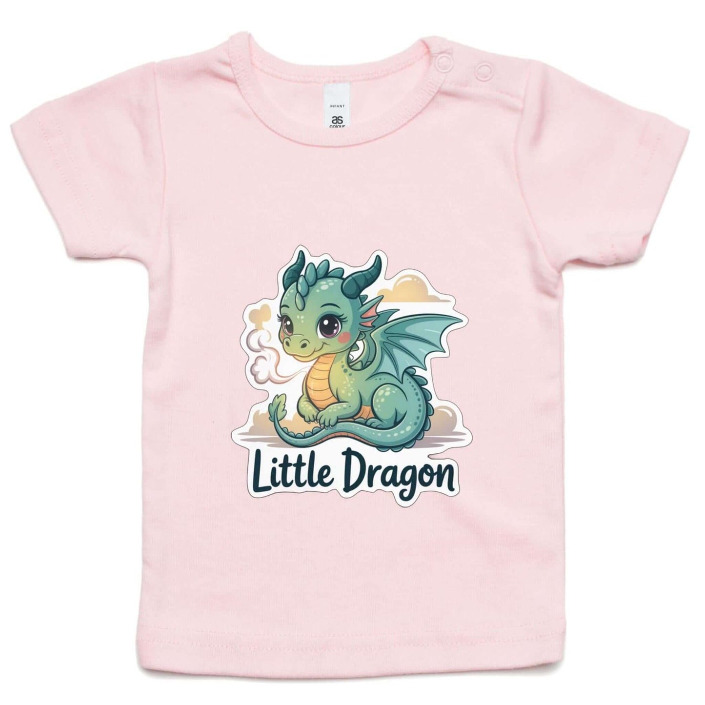 Infants tee featuring a cute 'Little Dragon' cartoon character design on a pink shirt.