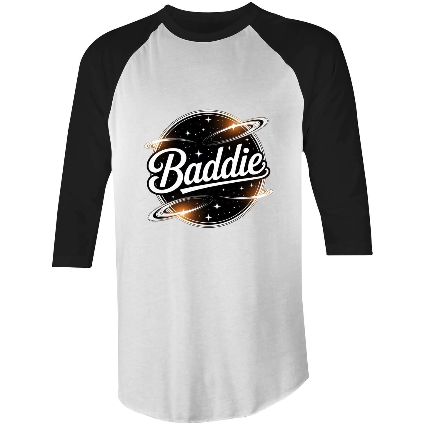 Unisex 3/4 style white/black T-shirt featuring a retro 'Baddie' universe design, perfect for trendy casual wear.