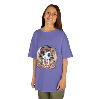 Cute chibi girl surrounded by flowers on a lavender kids tee, perfect for stylish young girls.