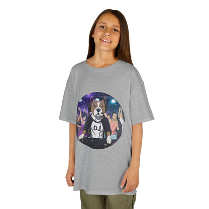 Kid wearing a gray DJ Dog Kids Tee with a cool dog DJ design at a lively dance party.