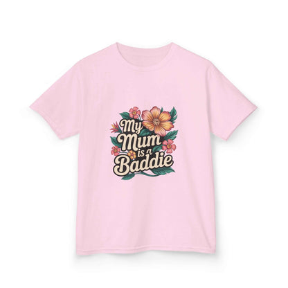 Kids tee with tropical flower design and 'My Mum is a Baddie' text, perfect for Mother's Day or everyday wear.