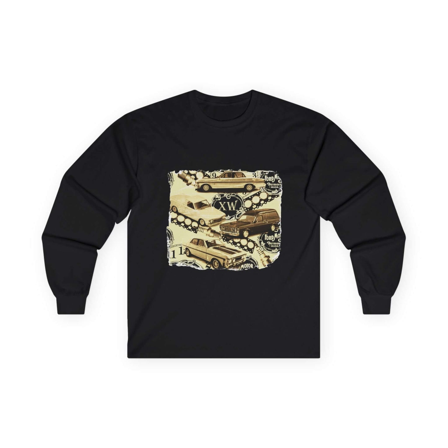 Vintage Ford long sleeve shirt featuring iconic XW Falcon muscle cars design, perfect for retro enthusiasts.