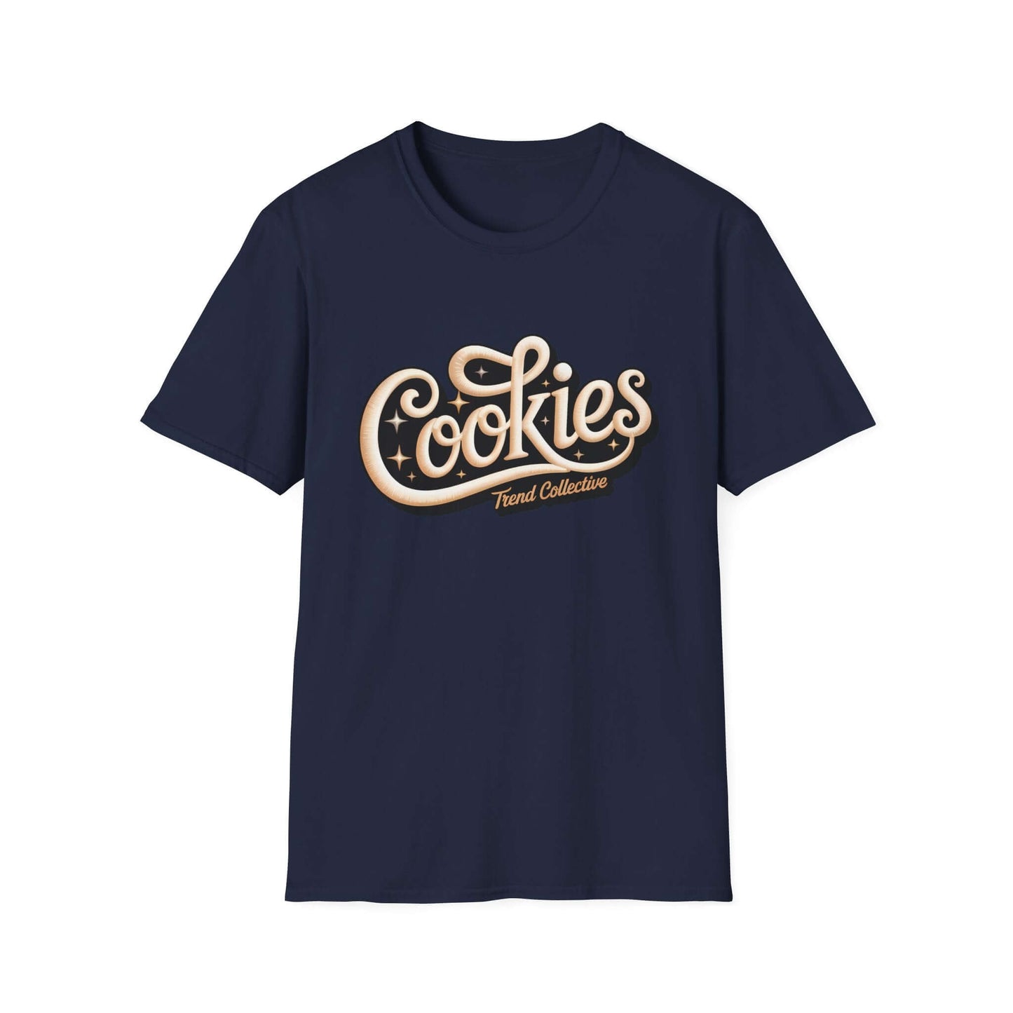 Trendy Cookies Trend Collective T-Shirt in black with baseball style cursive writing and stars for casual wear.