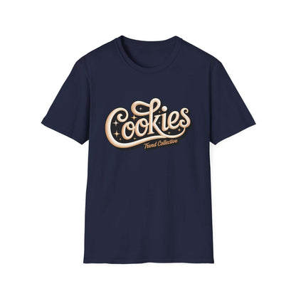 Trendy Cookies Trend Collective T-Shirt in black with baseball style cursive writing and stars for casual wear.
