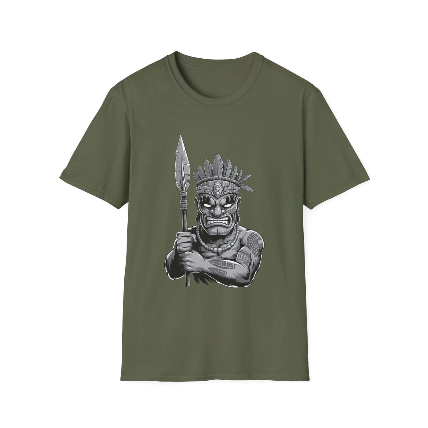 Unique Tiki character T-shirt in olive green with spear and feathered headpiece, stylish addition to casual outfits.