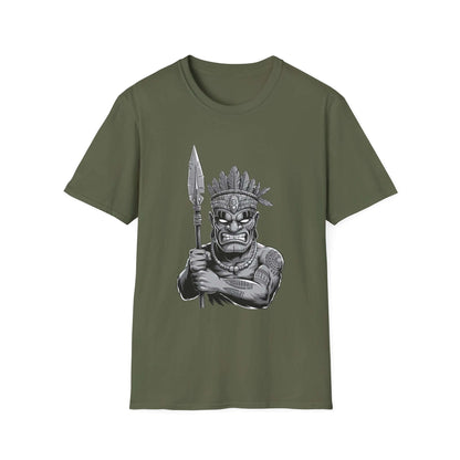 Unique Tiki character T-shirt in olive green with spear and feathered headpiece, stylish addition to casual outfits.