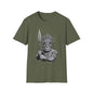 Unique Tiki character T-shirt in olive green with spear and feathered headpiece, stylish addition to casual outfits.