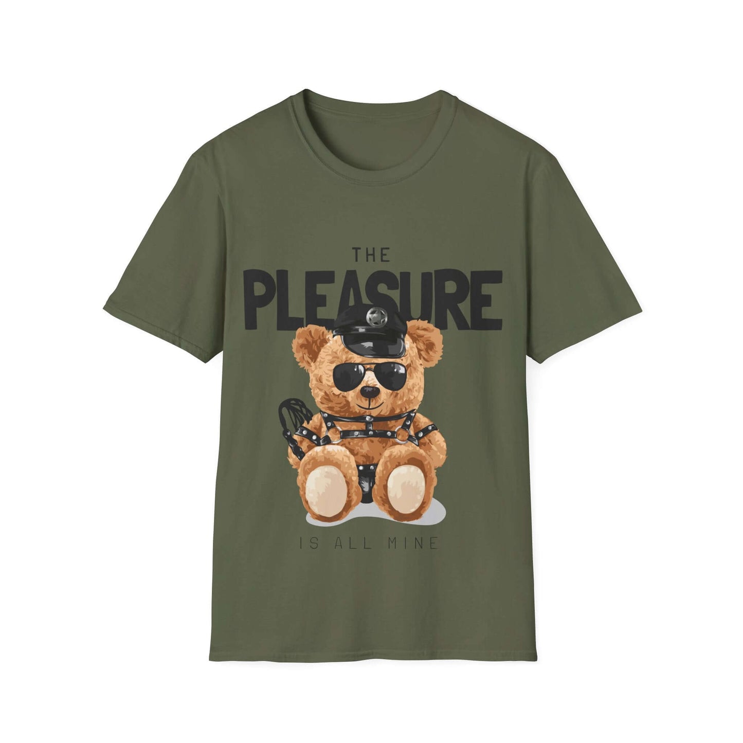 Playful teddy bear graphic tee with bold text 'The Pleasure Is All Mine', perfect for casual fashion.
