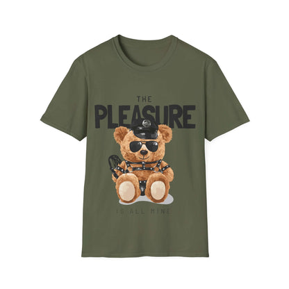 Playful teddy bear graphic tee with bold text 'The Pleasure Is All Mine', perfect for casual fashion.