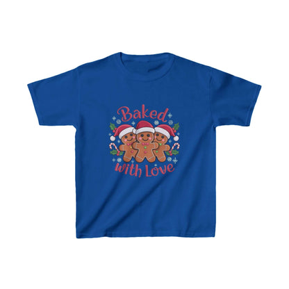 Kids T-shirt featuring gingerbread men in Santa hats and 'Baked with Love' typography, perfect for Christmas celebrations.