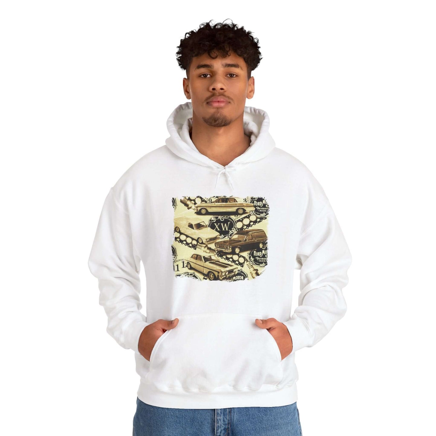 Vintage Ford hoodie featuring XW Falcon design, perfect for classic car enthusiasts and muscle car lovers.