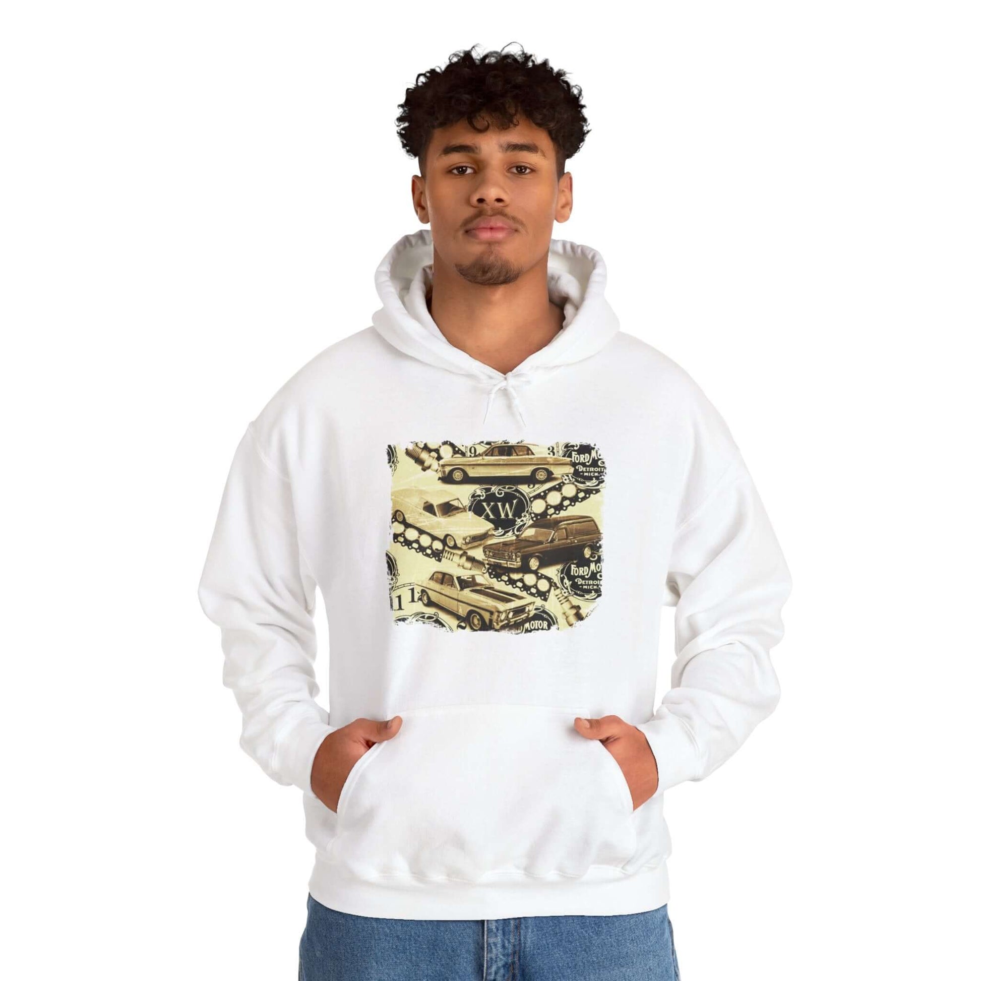Vintage Ford hoodie featuring XW Falcon design, perfect for classic car enthusiasts and muscle car lovers.
