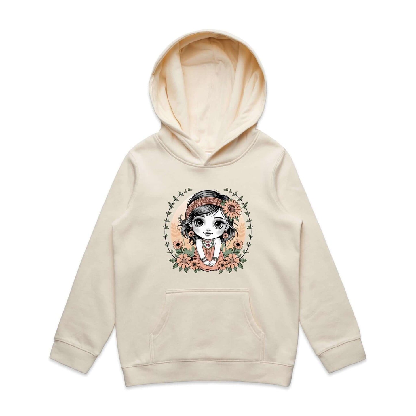 Adorable youth hoodie featuring a cute chibi girl surrounded by flowers, perfect for young girls' winter wear.