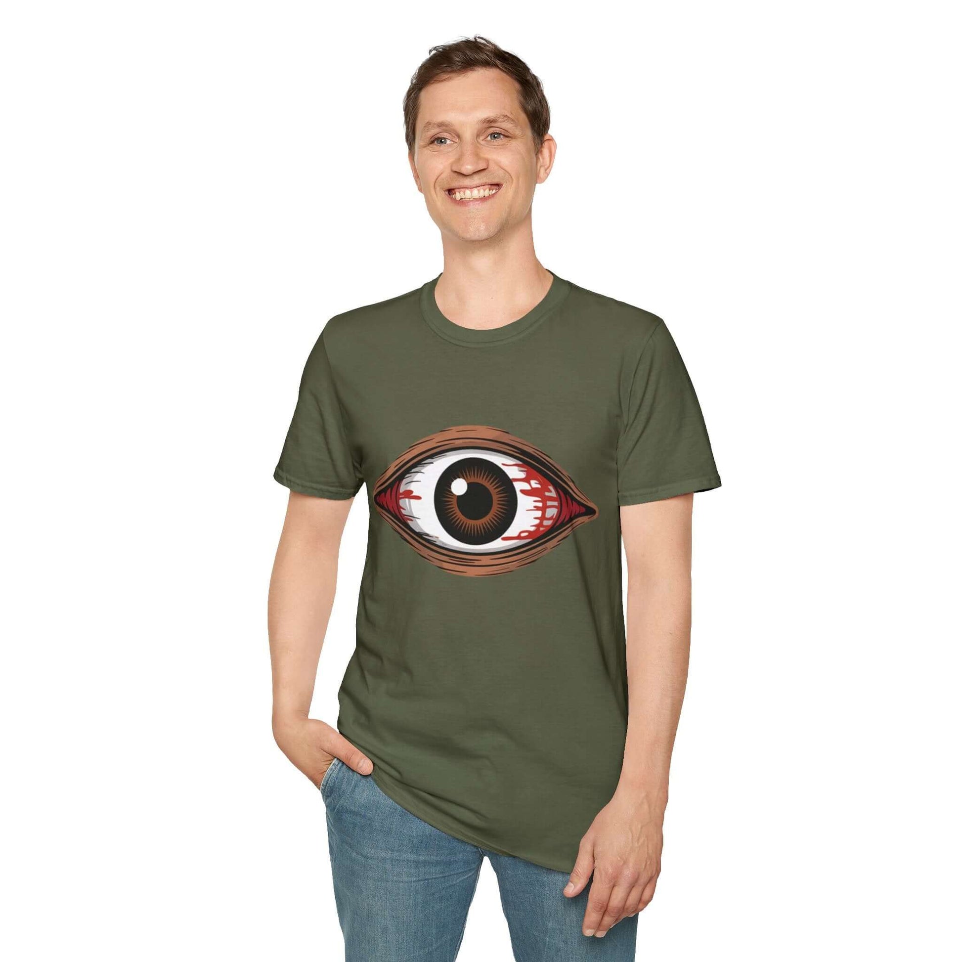 Unisex softstyle T-shirt with a bloody brown eye design, ideal for music festivals and Halloween.