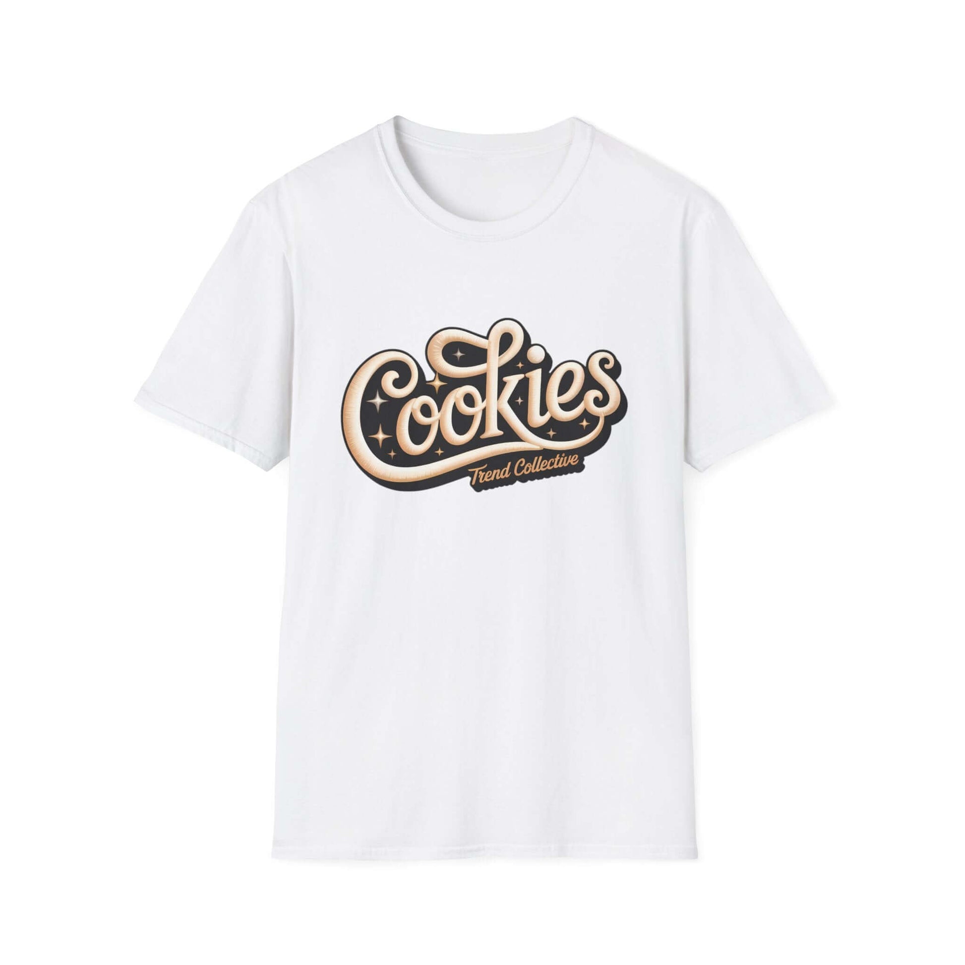 Trendy white T-shirt featuring 'Cookies Trend Collective' in stylish cursive writing.