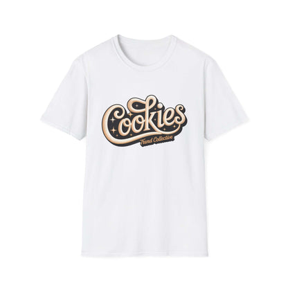 Trendy white T-shirt featuring 'Cookies Trend Collective' in stylish cursive writing.