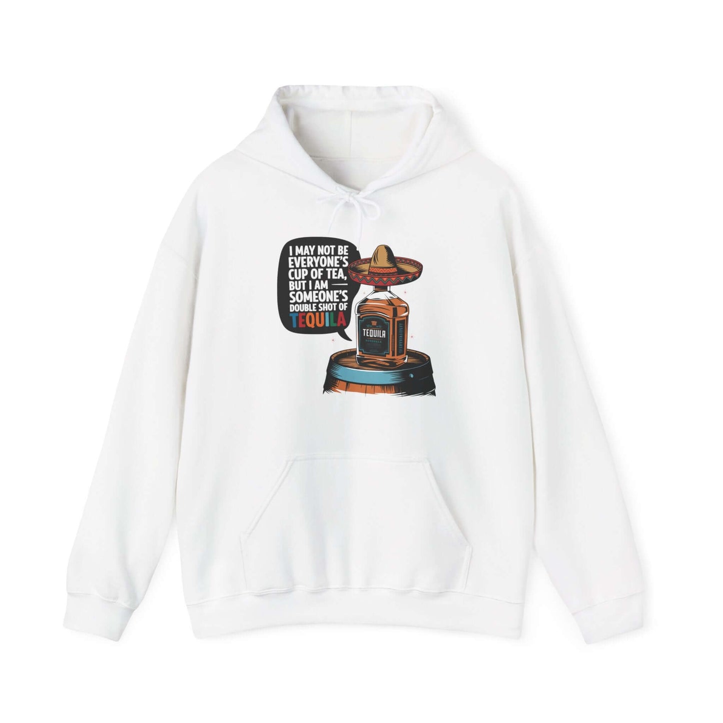 Funny Tequila quote hoodie with a sombrero-wearing bottle of Tequila, perfect for casual, humorous vibes.