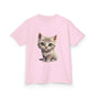 Cute pink kid's T-shirt with adorable white kitten graphic design for children, perfect for cat lovers.