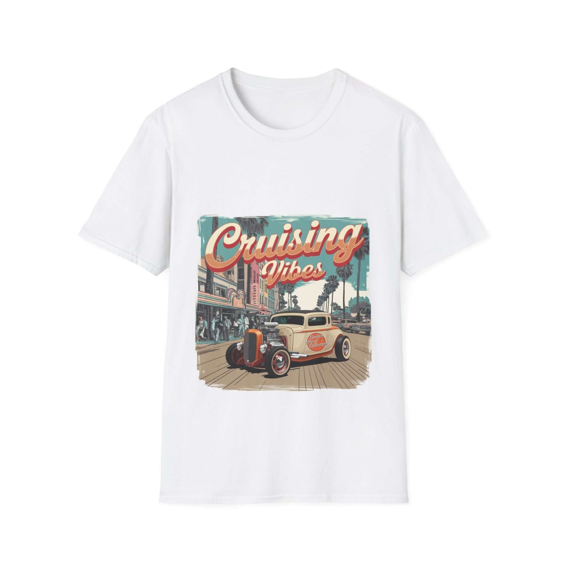 Vintage hotrod 'Cruising Vibes' T-shirt featuring a palm tree lined street and retro design.