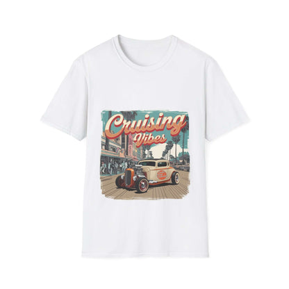 Vintage hotrod 'Cruising Vibes' T-shirt featuring a palm tree lined street and retro design.