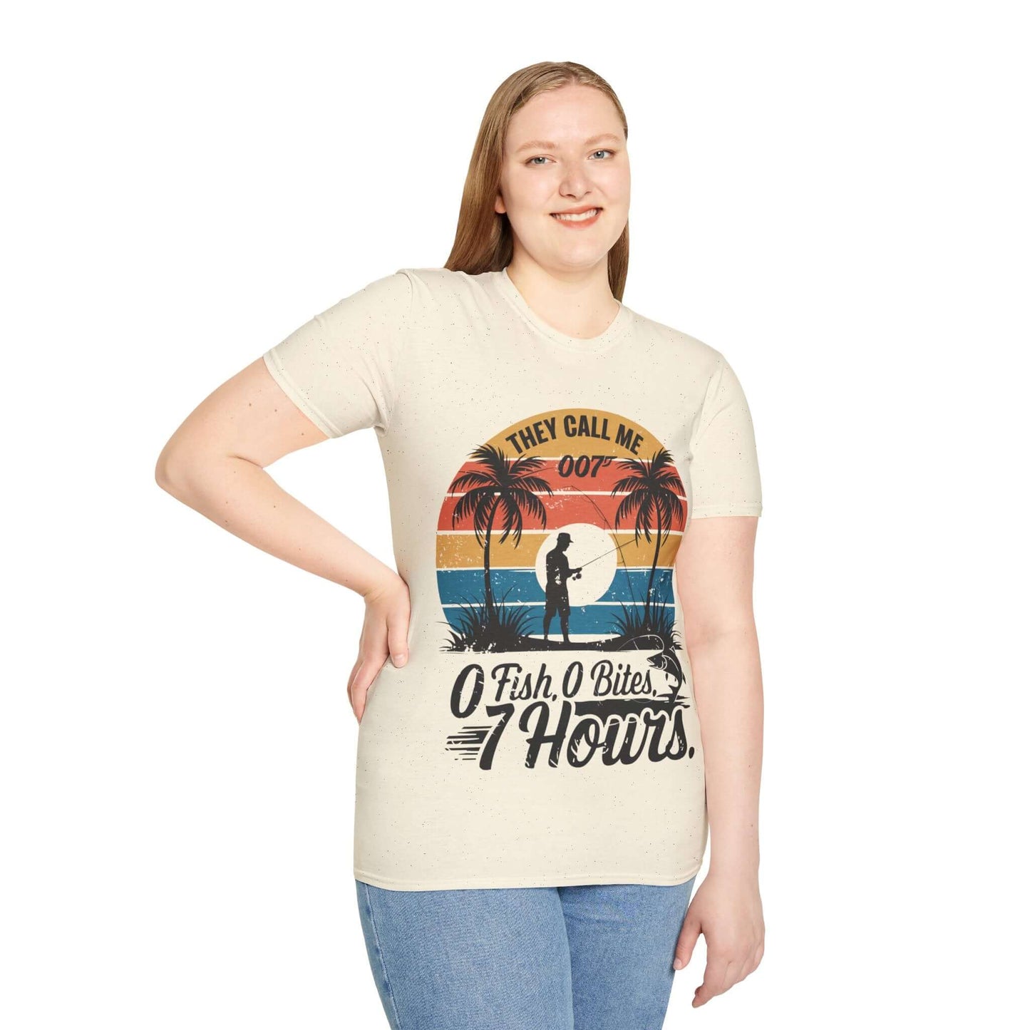 Woman in retro funny fishing quote t-shirt featuring 'They call me 007 0 Fish 0 Bites 7 Hours' design.