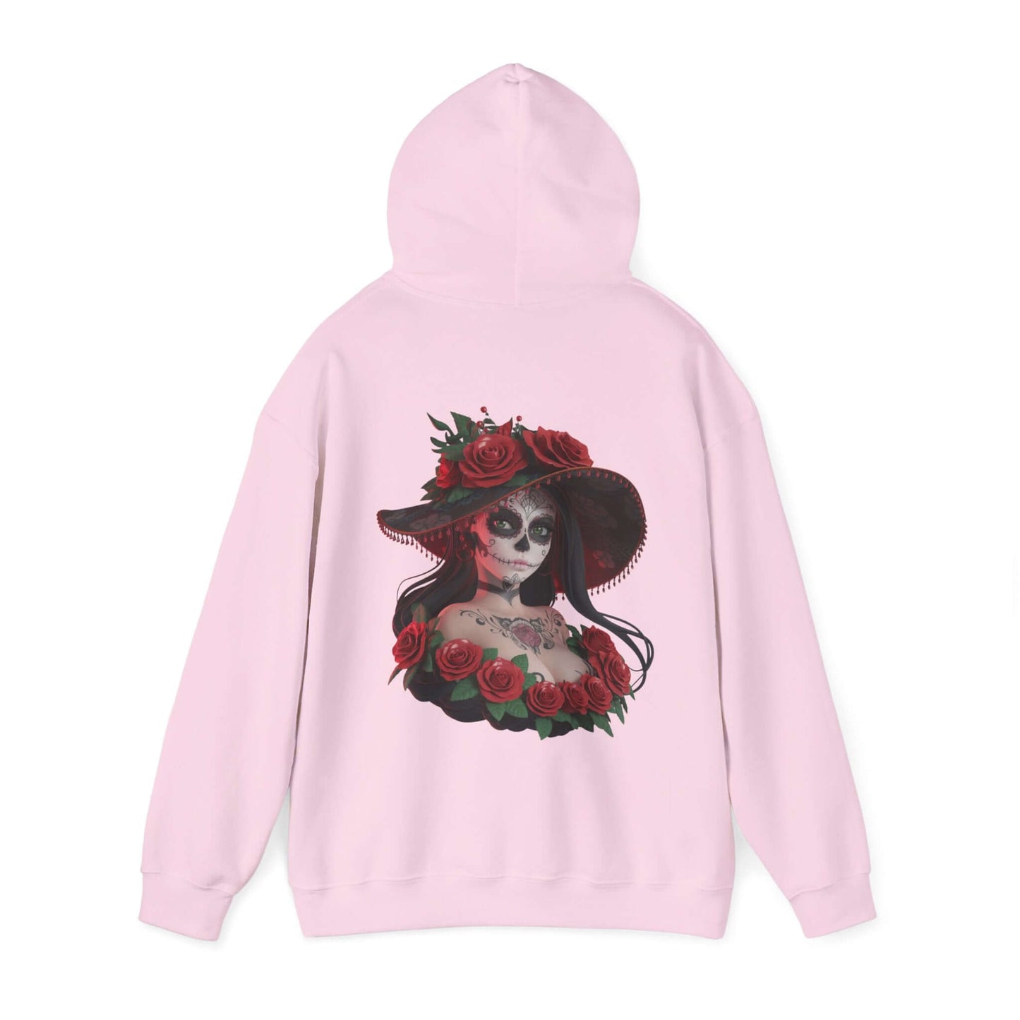 Chibi sugar skull woman hoodie with roses on a pink background, perfect for Halloween and Day of the Dead festivities.