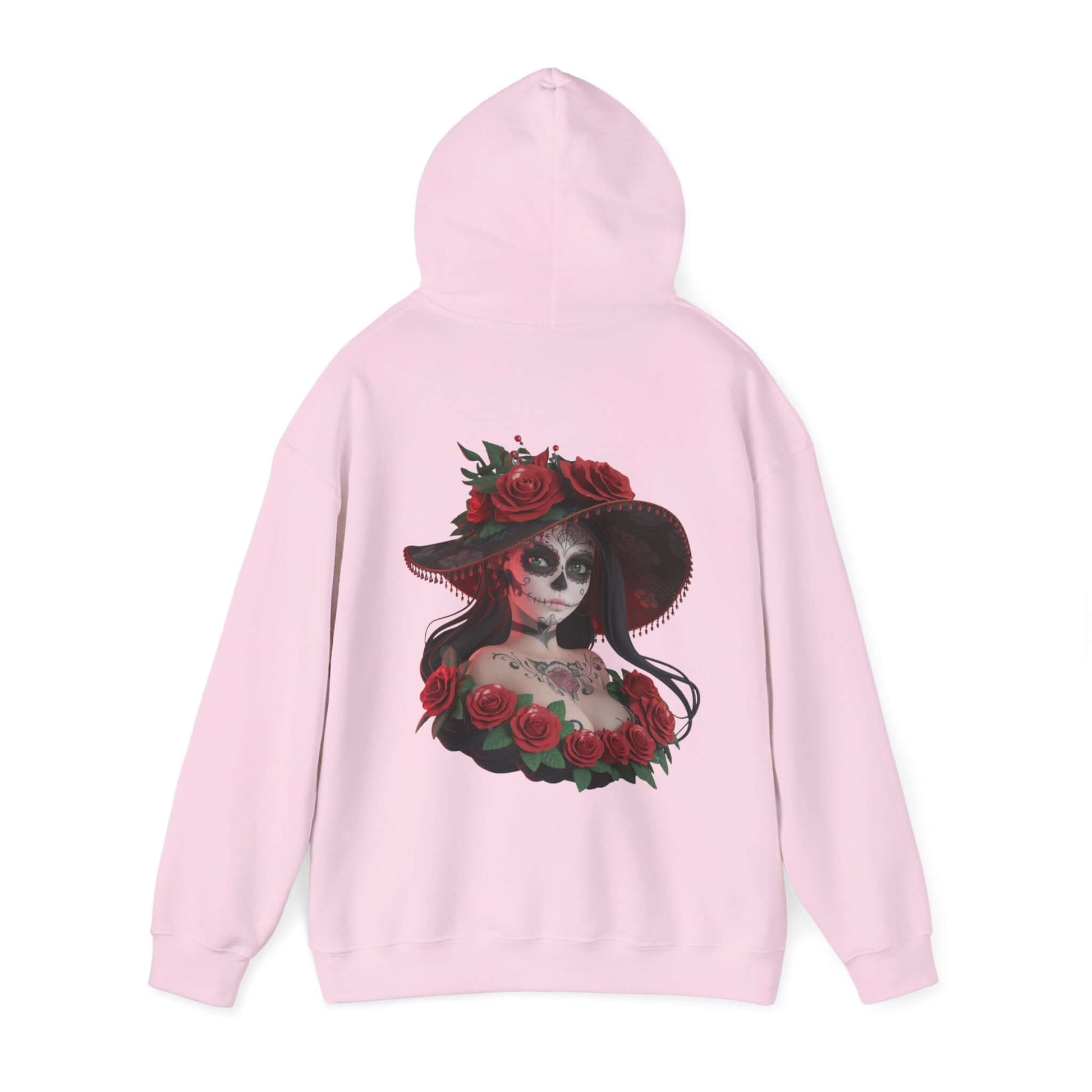 Chibi sugar skull woman hoodie with roses on a pink background, perfect for Halloween and Day of the Dead festivities.