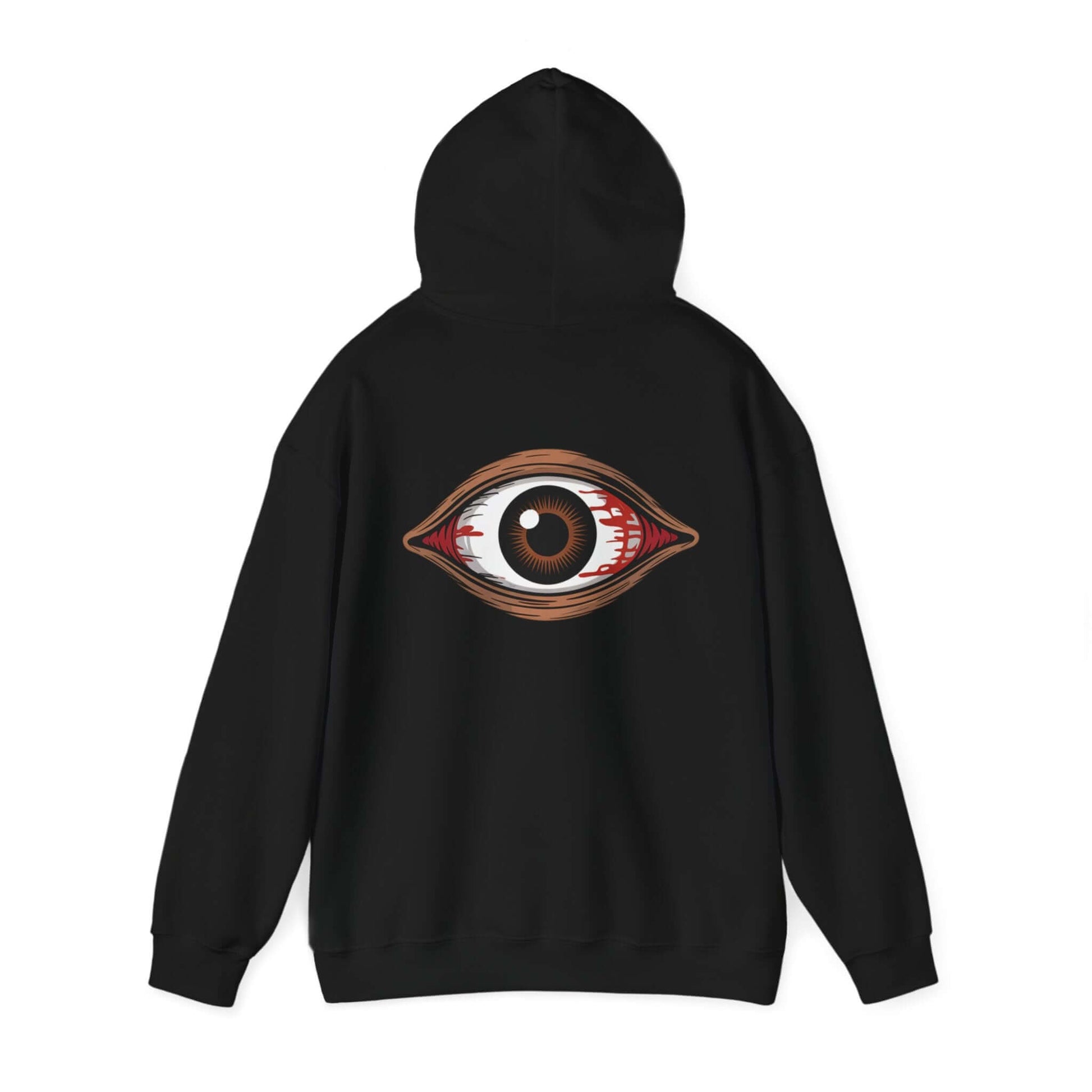Back view of a unisex black hoodie featuring a spooky brown eye design, perfect for music festivals and Halloween.