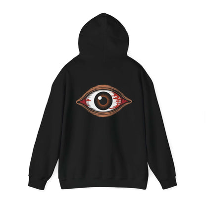 Back view of a unisex black hoodie featuring a spooky brown eye design, perfect for music festivals and Halloween.