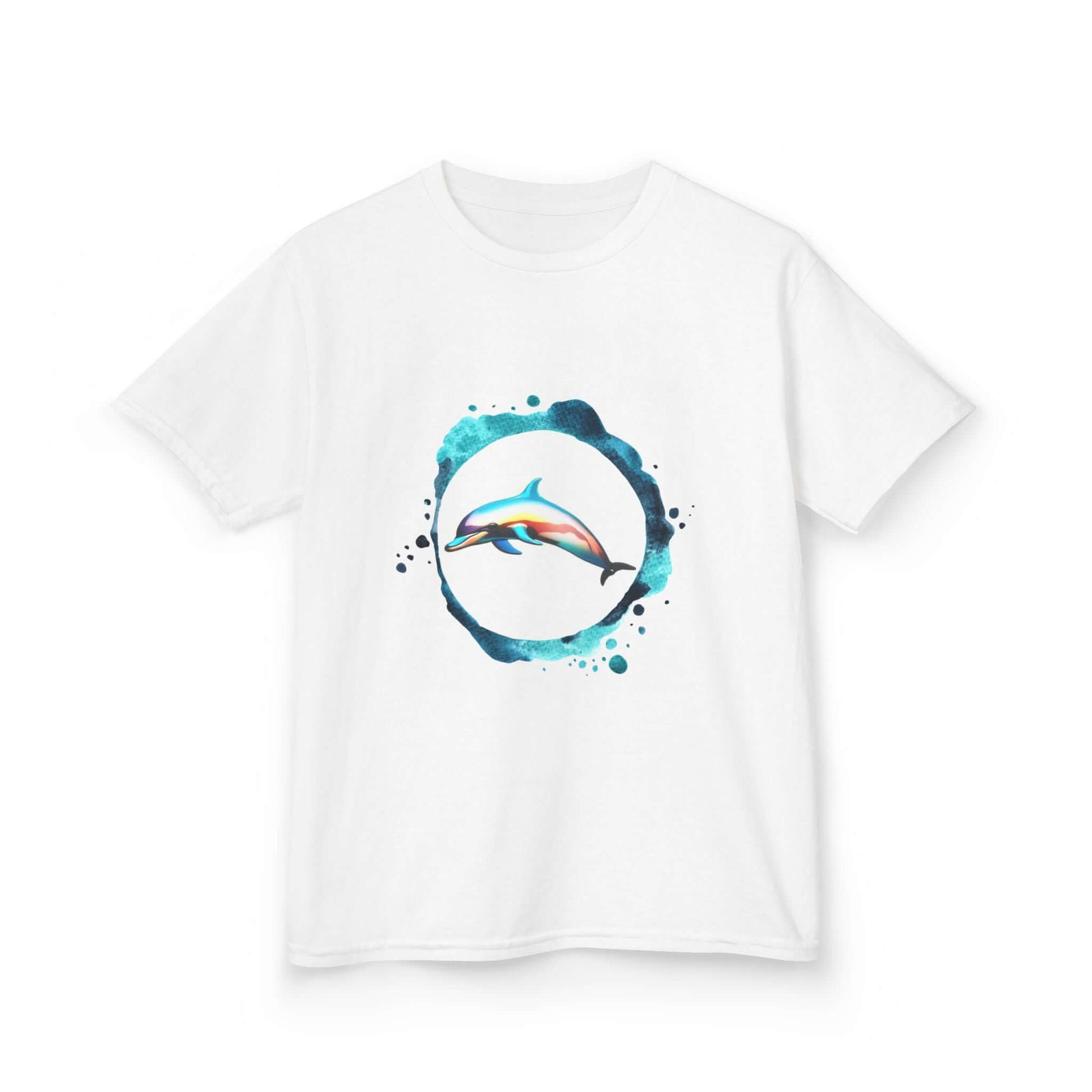 Kid's T-shirt with a colorful dolphin jumping through a ring of water, perfect for animal lovers.