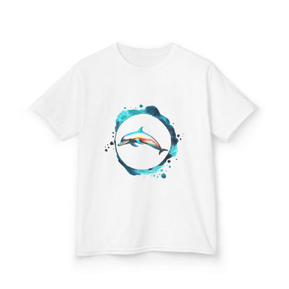 Kid's T-shirt with a colorful dolphin jumping through a ring of water, perfect for animal lovers.