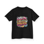 Kids tee with funny quote 'I'm not perfect but I am limited edition' in colorful floral design.