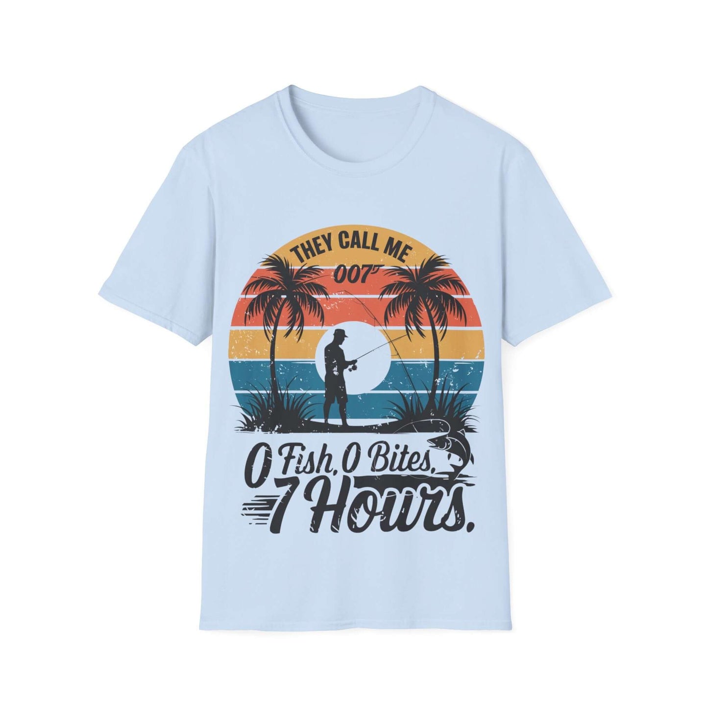 Retro funny fishing quote shirt with palm trees, featuring 'They call me 007 0 Fish, 0 Bites, 7 Hours'.