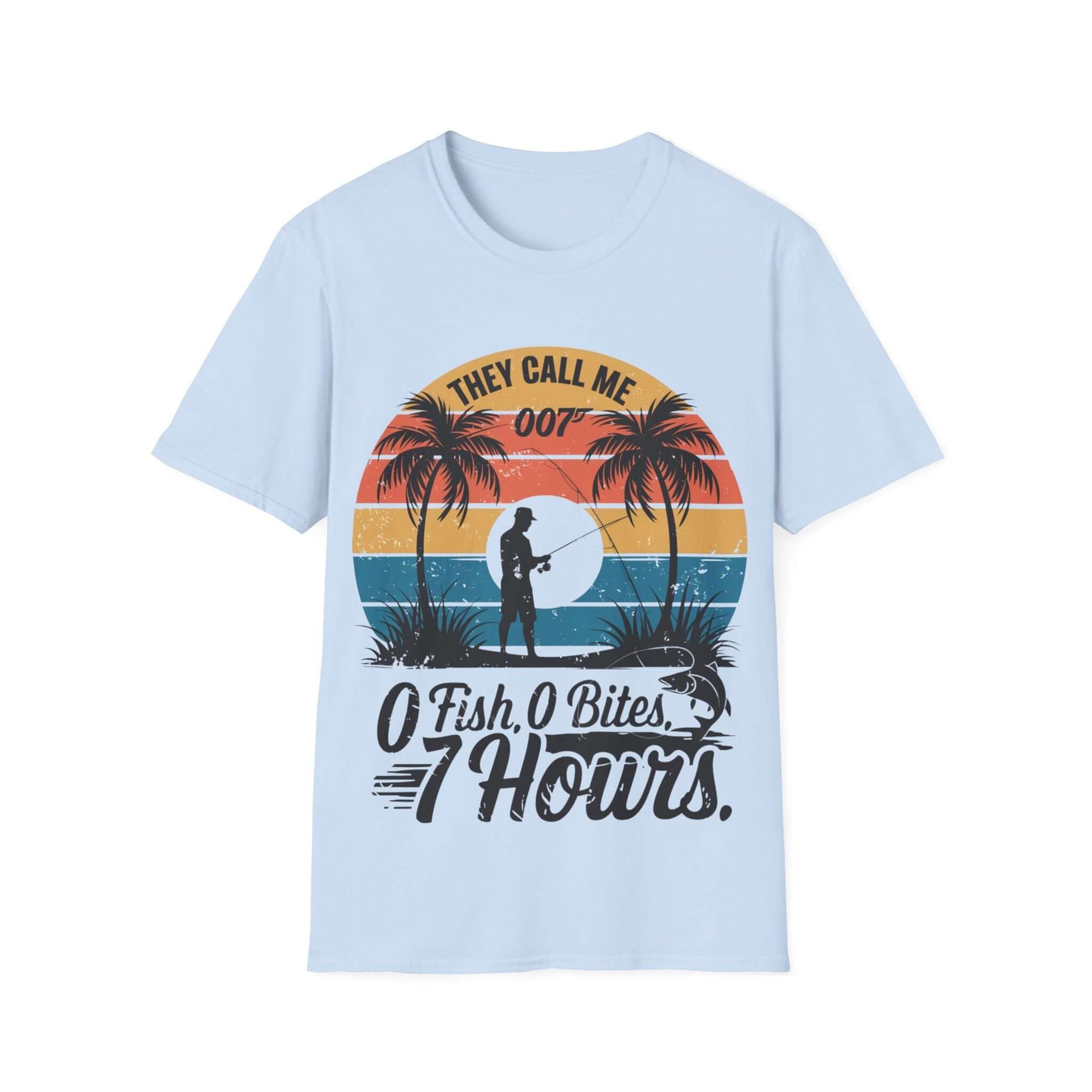 Retro funny fishing quote shirt with palm trees, featuring 'They call me 007 0 Fish, 0 Bites, 7 Hours'.