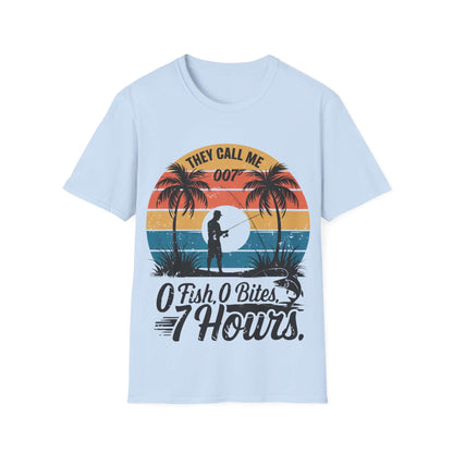 Retro funny fishing quote shirt with palm trees, featuring 'They call me 007 0 Fish, 0 Bites, 7 Hours'.