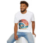 Unisex Vintage Sunset Beach t-shirt with Gnarly Vibes surf culture design, big wave scene, and tropical sunset colors.