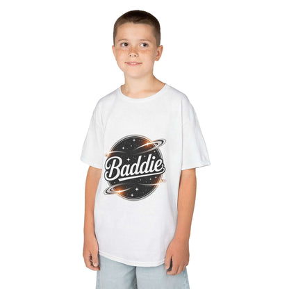 Kids white tee with retro 'Baddie' universe design, perfect for trendy young fashion enthusiasts.