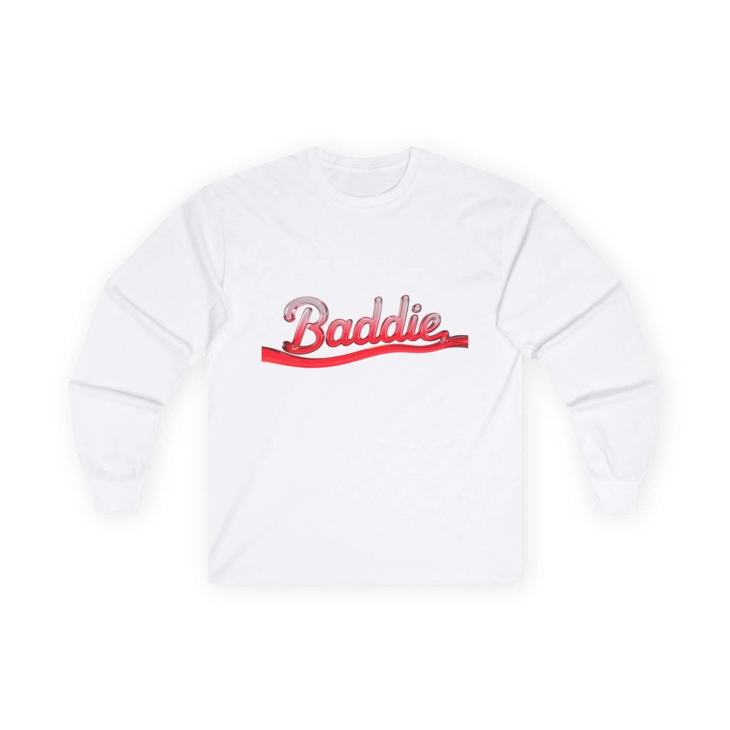 Trendy long sleeve tee featuring liquid-like red text "Baddie" for edgy streetwear style, perfect for casual outfits.
